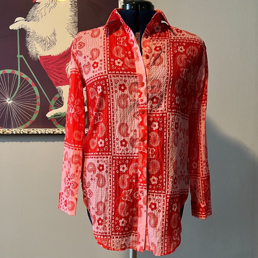 Lisa Says Gah Red and Pink Bandana Print Button-Up Blouse